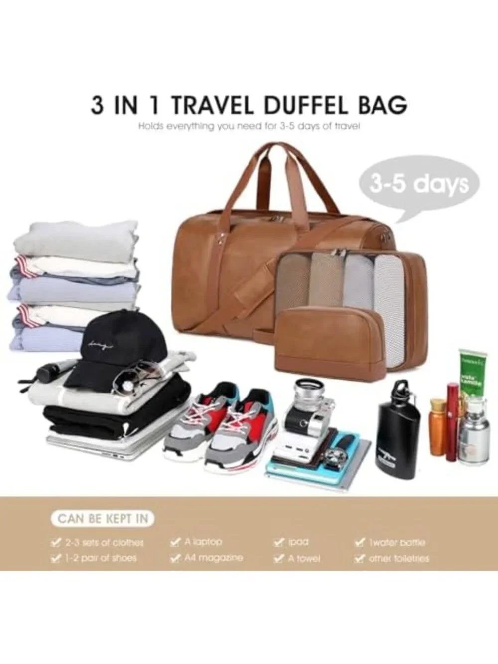 3PCS Faux Leather Weekender Travel Bag Set for Men & Women - Stylish Overnight